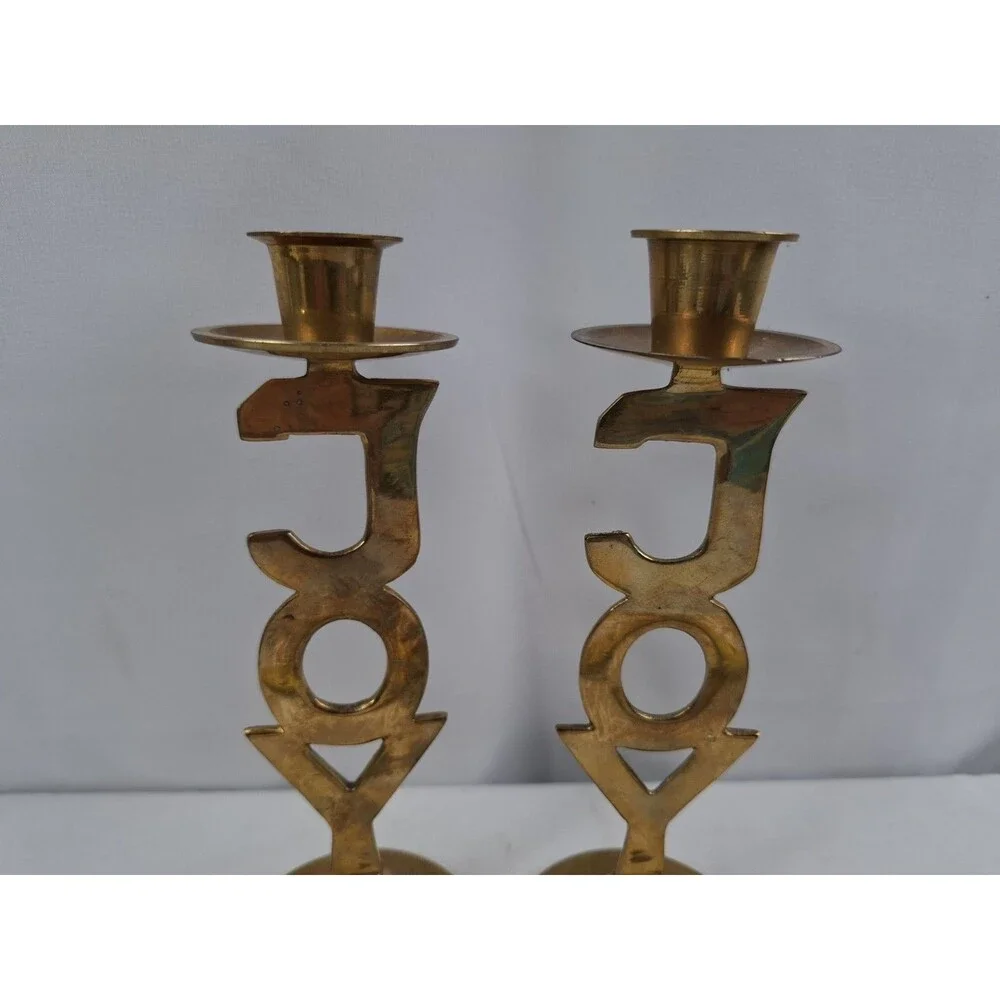 Vtg International Silver Co. Solid Brass JOY Candlestick Holders Set of 2 India